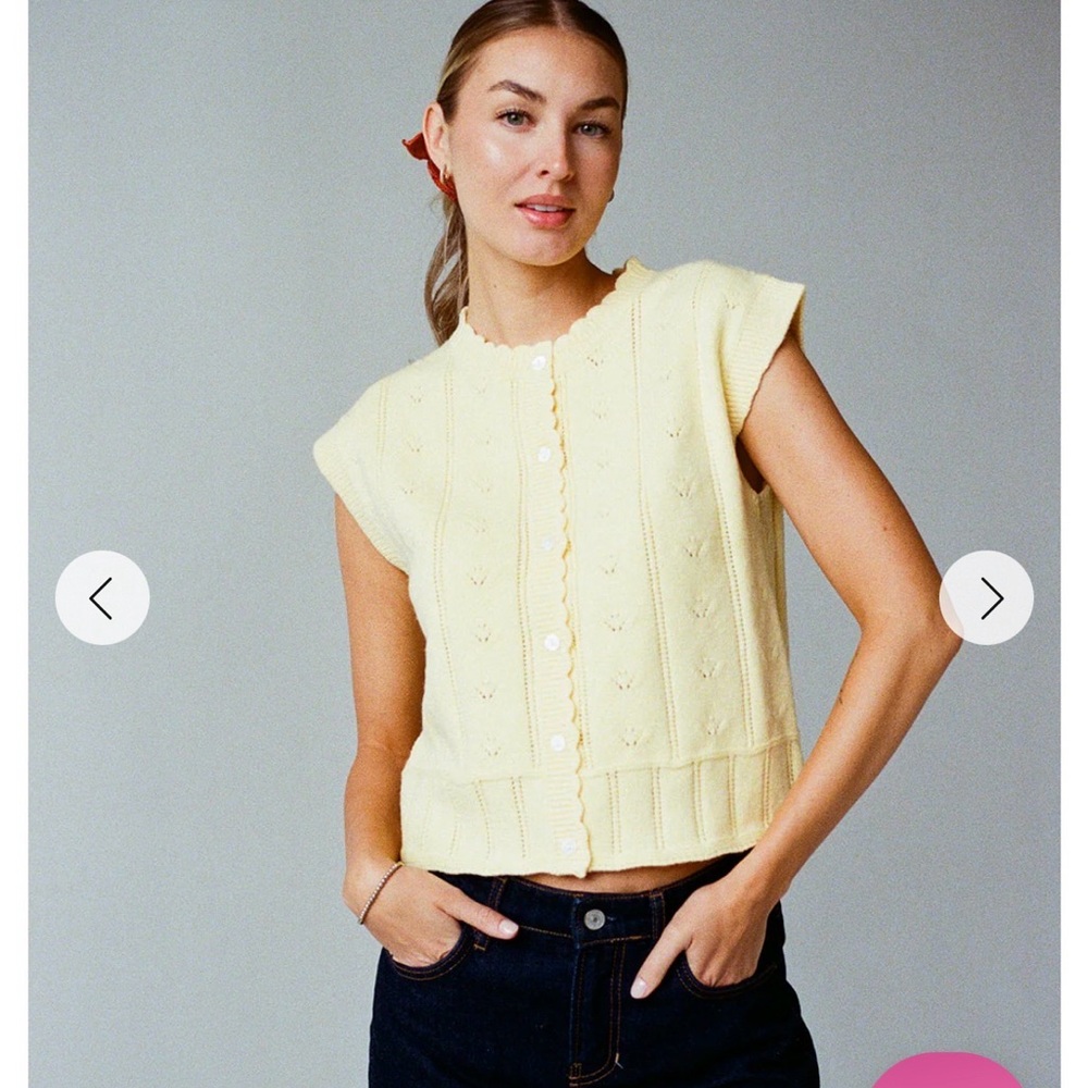 Scalloped Edge Yellow Knit Button-Front Top